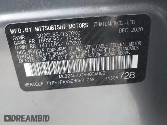 ✅ 2021 Mitsubishi Mirage ES • VIN: ML32AUHJ2MH004085 • Lot: 41790825. Listed on IAAI with 61,613 mi. Free auction sales archive from the USA and detailed vehicle history report at DreamBid. Image 9.