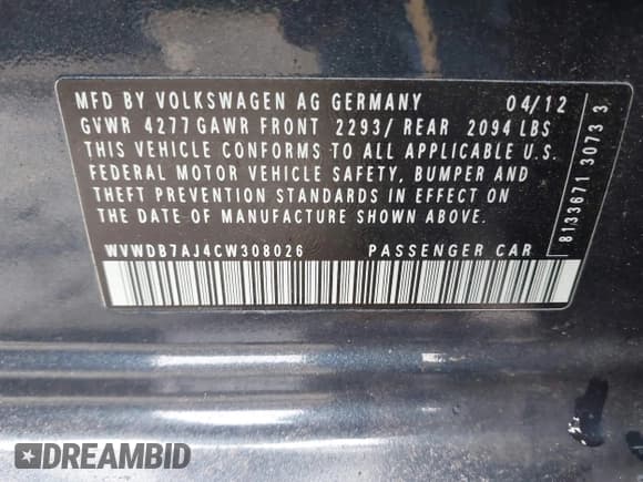 ✅ 2012 Volkswagen Golf • VIN: WVWDB7AJ4CW308026 • Lot: 41553950. Listed on IAAI with 151,000 mi. Free auction sales archive from the USA and detailed vehicle history report at DreamBid. Image 9.
