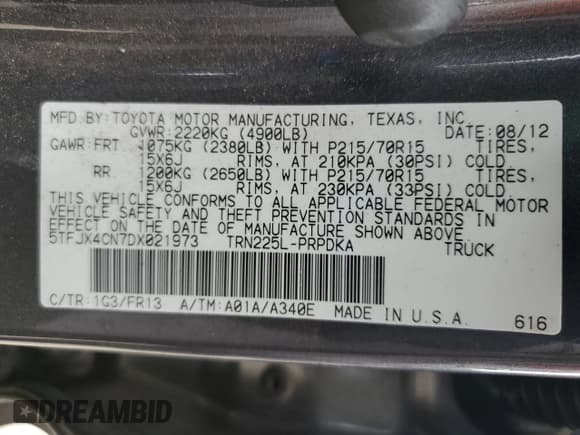 ✅ 2013 Toyota Tacoma • VIN: 5TFJX4CN7DX021973 • Lot: 82095605. Listed on Copart with 175,071 mi. Free auction sales archive from the USA and detailed vehicle history report at DreamBid. Image 13.