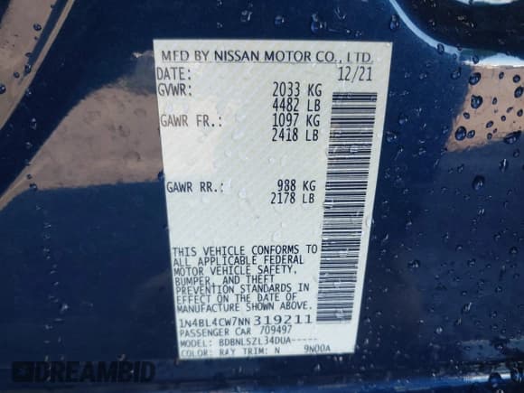 ✅ 2022 Nissan Altima SR • VIN: 1N4BL4CW7NN319211 • Lot: 43460747. Wystawiony na IAAI z przebiegiem 114 708 mil. Bezpłatny archiwum sprzedaży aukcyjnych z USA i szczegółowy raport historii pojazdu na DreamBid. Zdjęcie 9.