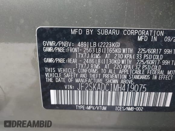 ✅ 2021 Subaru Forester • VIN: JF2SKADC1MH419075 • Lot: 43034185. Listed on IAAI with 57,627 mi. Free auction sales archive from the USA and detailed vehicle history report at DreamBid. Image 9.