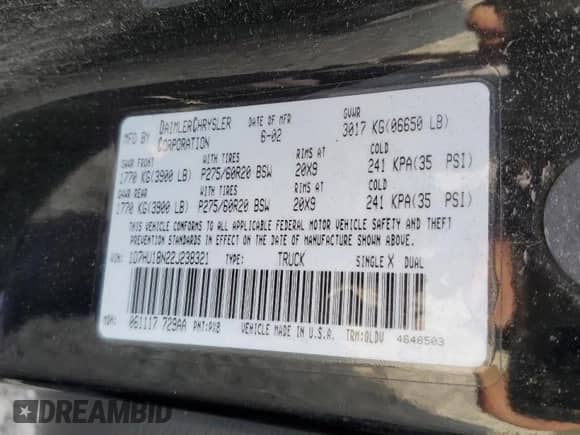 2002 Dodge 1500 z VIN 1D7HU18N22J238321, wystawiony jako Copart lot #68059454 z przebiegiem 219 463 mil mil oraz Czysty tytuł • Clean title. Historia ofert i sprzedaży dostępna na DreamBid. Obrazek 12.