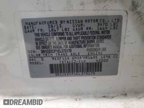 ✅ 2014 Nissan Note S Plus • VIN: 3N1CE2CP1EL375170 • Lot: 51131695. Listed on Copart with 162,111 mi. Free auction sales archive from the USA and detailed vehicle history report at DreamBid. Image 15.