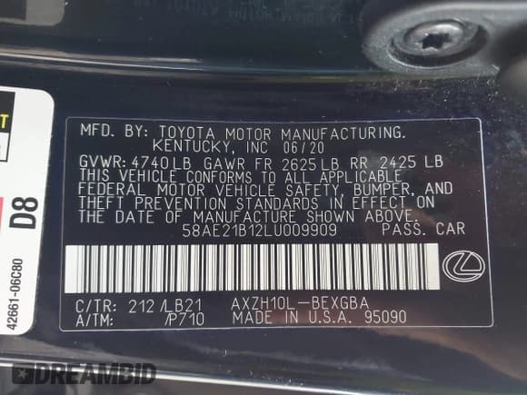 ✅ 2020 Lexus ES 300h Luxury • VIN: 58AE21B12LU009909 • Lot: 43165809. Listed on IAAI with 123,000 mi. Free auction sales archive from the USA and detailed vehicle history report at DreamBid. Image 9.