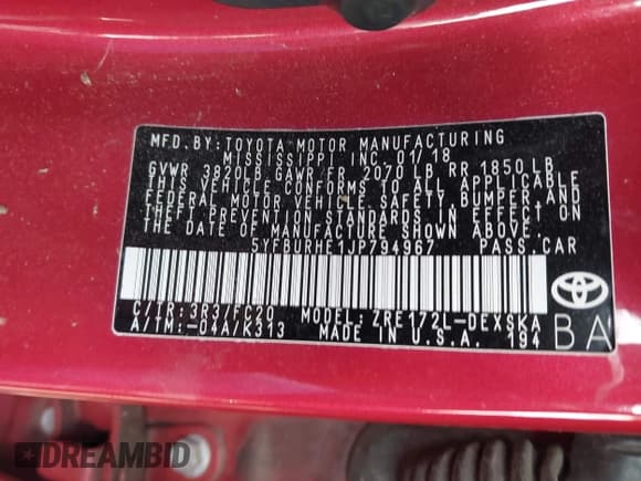 ✅ 2018 Toyota Corolla SE • VIN: 5YFBURHE1JP794967 • Lot: 43612623. Listed on IAAI with 110,191 mi. Free auction sales archive from the USA and detailed vehicle history report at DreamBid. Image 9.