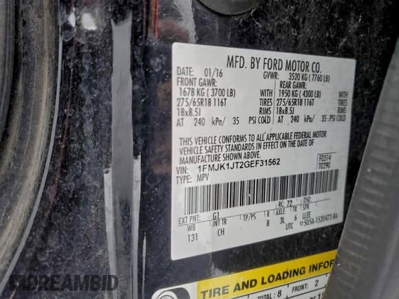 ✅ 2016 Ford Expedition Max XLT • VIN: 1FMJK1JT2GEF31562 • Lot: 94924535. Wystawiony na Copart z przebiegiem 120 855 mil. Bezpłatny archiwum sprzedaży aukcyjnych z USA i szczegółowy raport historii pojazdu na DreamBid. Zdjęcie 13.