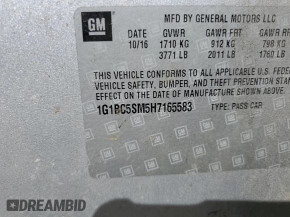 ✅ 2017 Chevrolet Cruze LS • VIN: 1G1BC5SM5H7165583 • Lot: 46717483. Listed on Copart with 152,247 mi. Free auction sales archive from the USA and detailed vehicle history report at DreamBid. Image 12.