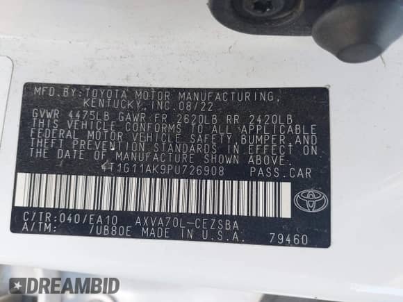 2023 Toyota Camry SE с VIN 4T1G11AK9PU726908, выставлен на аукционе IAAI как лот 42587184 с пробегом 72 812 миль миль и . История ставок и продаж доступна на DreamBid. Изображение 9.