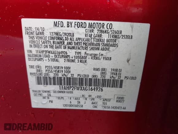 ✅ 2010 Ford Taurus Limited • VIN: 1FAHP2FWXAG164926 • Лот: 43715954. Опубликован ранее на IAAI с пробегом 235 522 миль. Бесплатный доступ к архиву аукционных продаж из США и подробный отчёт об истории автомобиля на DreamBid. Изображение 9.