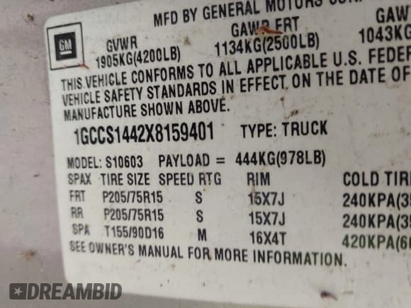 ✅ 1999 Chevrolet S-10 • VIN: 1GCCS1442X8159401 • Лот: 42531791. Опубликован ранее на IAAI с пробегом Не указан. Бесплатный доступ к архиву аукционных продаж из США и подробный отчёт об истории автомобиля на DreamBid. Изображение 9.