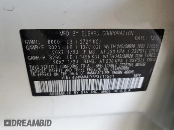 ✅ 2023 Subaru Ascent Limited • VIN: 4S4WMAUD7P3411501 • Lot: 80034715. Listed on Copart with 27,396 mi. Free auction sales archive from the USA and detailed vehicle history report at DreamBid. Image 13.