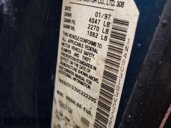 ✅ 1997 Nissan Altima XE • VIN: 1N4BU31D3VC222205 • Lot: 84018274. Listed on Copart with 261,349 mi. Free auction sales archive from the USA and detailed vehicle history report at DreamBid. Image 12.