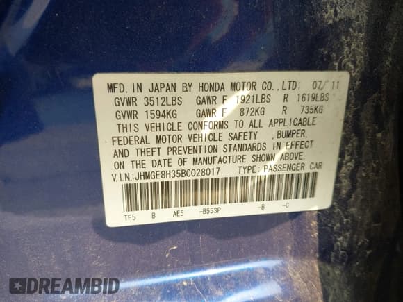 ✅ 2011 Honda Fit • VIN: JHMGE8H35BC028017 • Lot: 42416536. Listed on IAAI with 135,788 mi. Free auction sales archive from the USA and detailed vehicle history report at DreamBid. Image 9.