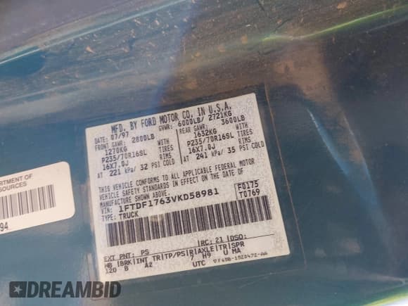 ✅ 1997 Ford F-150 • VIN: 1FTDF1763VKD58981 • Lot: 43008747. Listed on IAAI with 171,877 mi. Free auction sales archive from the USA and detailed vehicle history report at DreamBid. Image 9.