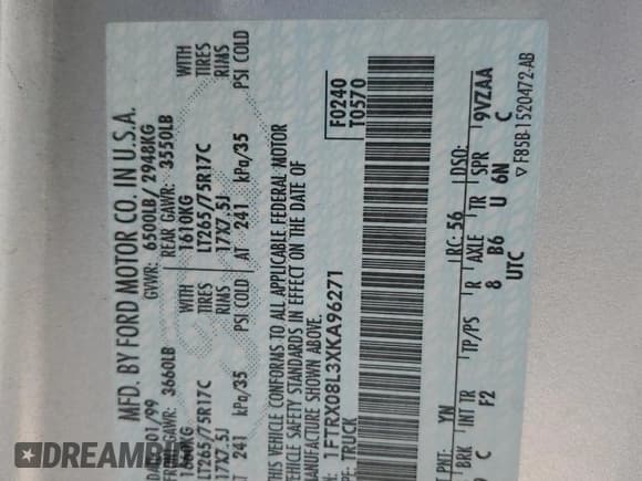 ✅ 1999 Ford F-150 XL • VIN: 1FTRX08L3XKA96271 • Lot: 82121395. Wystawiony na Copart z przebiegiem Nie podano. Bezpłatny archiwum sprzedaży aukcyjnych z USA i szczegółowy raport historii pojazdu na DreamBid. Zdjęcie 12.