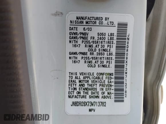 ✅ 2003 Nissan Pathfinder LE • VIN: JN8DR09X73W713782 • Lot: 42185302. Wystawiony na IAAI z przebiegiem 242 081 mil. Bezpłatny archiwum sprzedaży aukcyjnych z USA i szczegółowy raport historii pojazdu na DreamBid. Zdjęcie 9.