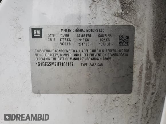 ✅ 2017 Chevrolet Cruze LT • VIN: 1G1BE5SM7H7104147 • Lot: 44147213. Listed on Copart with 150,598 mi. Free auction sales archive from the USA and detailed vehicle history report at DreamBid. Image 15.