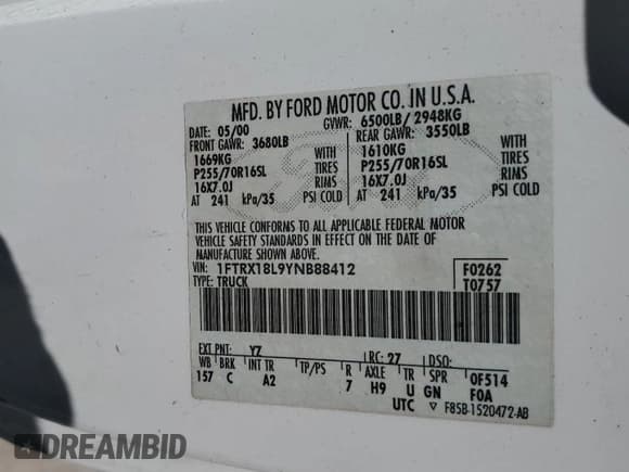 ✅ 2000 Ford F-150 XL • VIN: 1FTRX18L9YNB88412 • Lot: 69318865. Wystawiony na Copart z przebiegiem Nie podano. Bezpłatny archiwum sprzedaży aukcyjnych z USA i szczegółowy raport historii pojazdu na DreamBid. Zdjęcie 12.