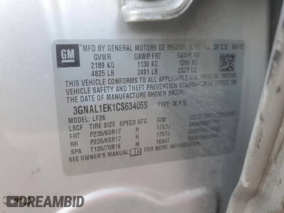 2012 Chevrolet Captiva Sport 1LS with VIN 3GNAL1EK1CS634059, listed as a Copart auction lot 73372154 with Not provided miles and Non repairable. Bid and sale history available at DreamBid. Image 15.