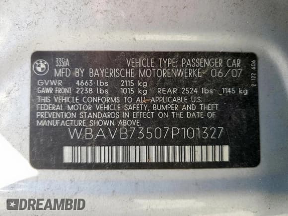 ✅ 2007 BMW 3 Series 335i • VIN: WBAVB73507P101327 • Лот: 84618445. Опубликован ранее на Copart с пробегом 175 393 миль. Бесплатный доступ к архиву аукционных продаж из США и подробный отчёт об истории автомобиля на DreamBid. Изображение 12.