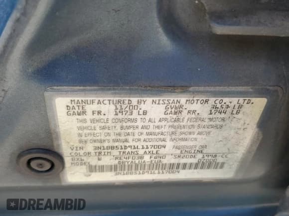 ✅ 2001 Nissan Sentra SE • VIN: 3N1BB51D91L117004 • Lot: 66168945. Listed on Copart with 129,626 mi. Free auction sales archive from the USA and detailed vehicle history report at DreamBid. Image 12.