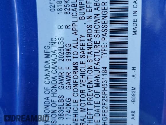 ✅ 2023 Honda Civic LX • VIN: 2HGFE2F25PH531184 • Lot: 69103015. Wystawiony na Copart z przebiegiem 6 517 mil. Bezpłatny archiwum sprzedaży aukcyjnych z USA i szczegółowy raport historii pojazdu na DreamBid. Zdjęcie 12.