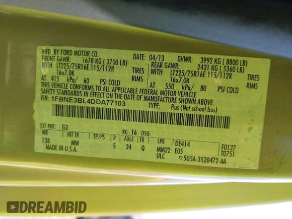 ✅ 2013 Ford Econoline Passenger XL • VIN: 1FBNE3BL4DDA77103 • Lot: 42031367. Listed on IAAI with 111,291 mi. Free auction sales archive from the USA and detailed vehicle history report at DreamBid. Image 9.