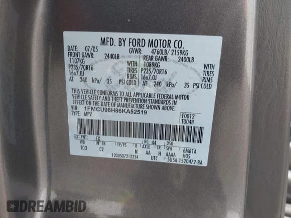 ✅ 2006 Ford Escape Hybrid • VIN: 1FMCU96H86KA52519 • Lot: 42443003. Listed on IAAI with 162,469 mi. Free auction sales archive from the USA and detailed vehicle history report at DreamBid. Image 9.