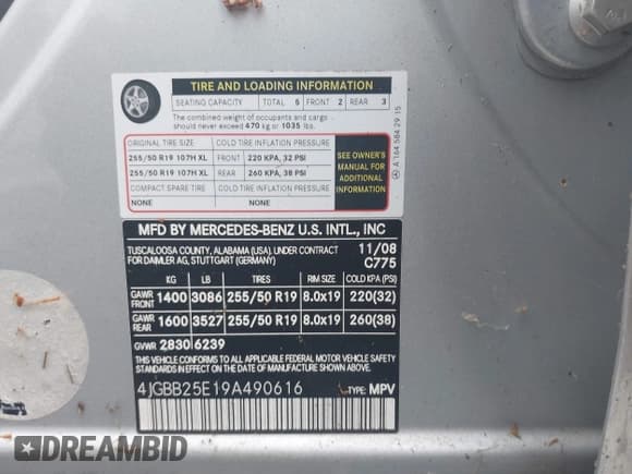 ✅ 2009 Mercedes-Benz M 320 • VIN: 4JGBB25E19A490616 • Lot: 43735953. Listed on IAAI with Not provided. Free auction sales archive from the USA and detailed vehicle history report at DreamBid. Image 9.