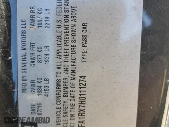 ✅ 2017 Chevrolet Camaro 1LT • VIN: 1G1FA1RX7H0111274 • Лот: 45726775. Опубликован ранее на Copart с пробегом Не указан. Бесплатный доступ к архиву аукционных продаж из США и подробный отчёт об истории автомобиля на DreamBid. Изображение 12.