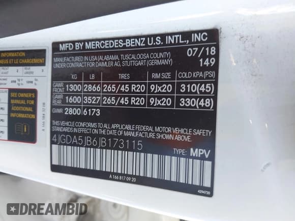 ✅ 2018 Mercedes-Benz GLE 350 • VIN: 4JGDA5JB6JB173115 • Lot: 43920307. Listed on IAAI with 134,622 mi. Free auction sales archive from the USA and detailed vehicle history report at DreamBid. Image 9.