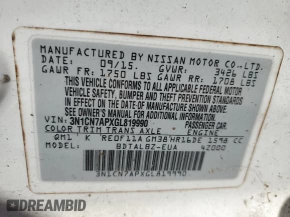 ✅ 2016 Nissan Versa SV • VIN: 3N1CN7APXGL819990 • Лот: 91929565. Опубликован ранее на Copart с пробегом Не указан. Бесплатный доступ к архиву аукционных продаж из США и подробный отчёт об истории автомобиля на DreamBid. Изображение 12.