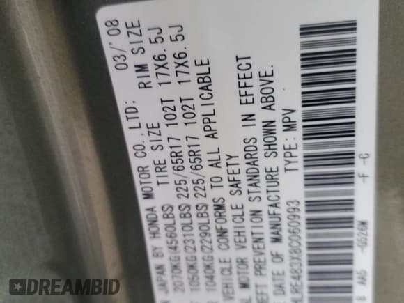 ✅ 2008 Honda CR-V LX • VIN: JHLRE483X8C060993 • Lot: 87192025. Wystawiony na Copart z przebiegiem 150 438 mil. Bezpłatny archiwum sprzedaży aukcyjnych z USA i szczegółowy raport historii pojazdu na DreamBid. Zdjęcie 13.