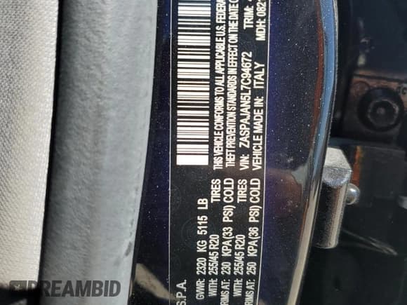 ✅ 2020 Alfa Romeo Stelvio • VIN: ZASPAJAN5L7C94672 • Lot: 49097535. Wystawiony na Copart z przebiegiem 64 009 mil. Bezpłatny archiwum sprzedaży aukcyjnych z USA i szczegółowy raport historii pojazdu na DreamBid. Zdjęcie 13.