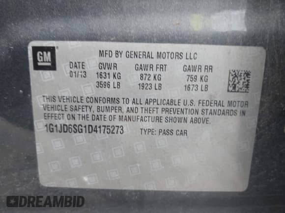 2013 Chevrolet Sonic LT with VIN 1G1JD6SG1D4175273, listed as a IAAI auction lot 42088533 with 108,974 mi miles and . Bid and sale history available at DreamBid. Image 9.