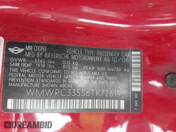 ✅ 2006 MINI Hardtop • VIN: WMWRC33556TK72619 • Лот: 42780333. Опубликован ранее на IAAI с пробегом 106 398 миль. Бесплатный доступ к архиву аукционных продаж из США и подробный отчёт об истории автомобиля на DreamBid. Изображение 9.