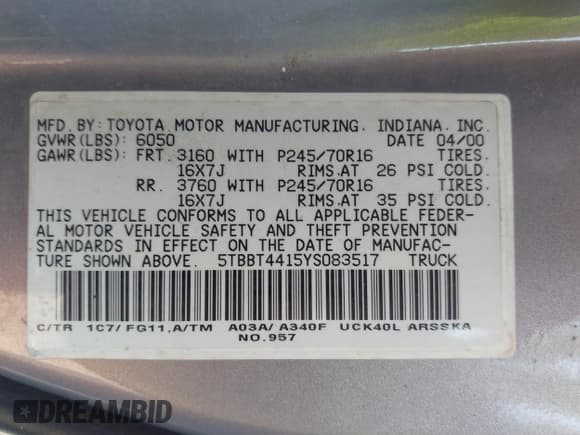 ✅ 2000 Toyota Tundra SR5 • VIN: 5TBBT4415YS083517 • Lot: 43231467. Listed on IAAI with 238,728 mi. Free auction sales archive from the USA and detailed vehicle history report at DreamBid. Image 9.