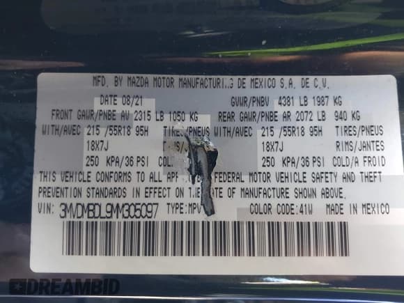 ✅ 2021 Mazda CX-30 Premium • VIN: 3MVDMBDL9MM305097 • Лот: 43664422. Опубликован ранее на IAAI с пробегом 52 650 миль. Бесплатный доступ к архиву аукционных продаж из США и подробный отчёт об истории автомобиля на DreamBid. Изображение 9.