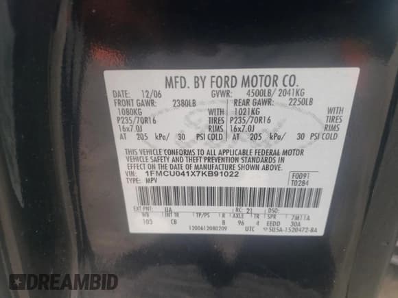 ✅ 2007 Ford Escape Limited • VIN: 1FMCU041X7KB91022 • Lot: 69187625. Listed on Copart with 247,619 mi. Free auction sales archive from the USA and detailed vehicle history report at DreamBid. Image 13.