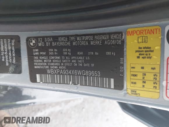 ✅ 2006 BMW X3 3.0i • VIN: WBXPA934X6WG89653 • Lot: 43409188. Listed on IAAI with 209,143 mi. Free auction sales archive from the USA and detailed vehicle history report at DreamBid. Image 9.