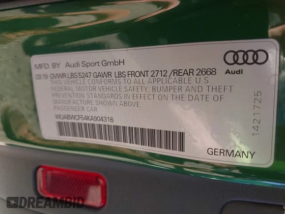 ✅ 2019 Audi RS 5 Sportback • VIN: WUABWCF54KA904316 • Lot: 41205564. Listed on IAAI with 36,727 mi. Free auction sales archive from the USA and detailed vehicle history report at DreamBid. Image 9.