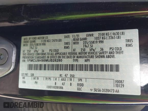 ✅ 2021 Ford Escape SEL • VIN: 1FMCU9H98MUB28280 • Лот: 43103147. Опубликован ранее на IAAI с пробегом 51 094 миль. Бесплатный доступ к архиву аукционных продаж из США и подробный отчёт об истории автомобиля на DreamBid. Изображение 9.