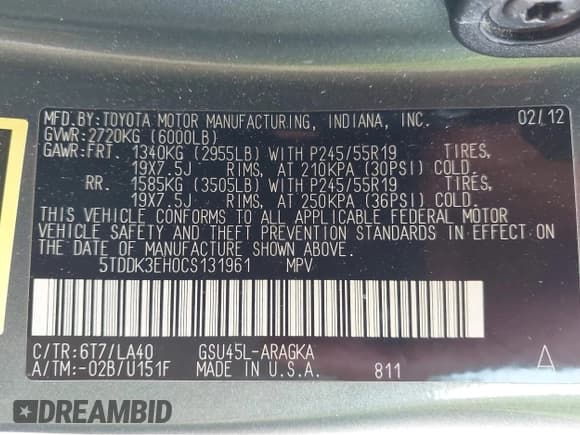 ✅ 2012 Toyota Highlander Limited • VIN: 5TDDK3EH0CS131961 • Lot: 43222784. Listed on IAAI with 334,295 mi. Free auction sales archive from the USA and detailed vehicle history report at DreamBid. Image 9.