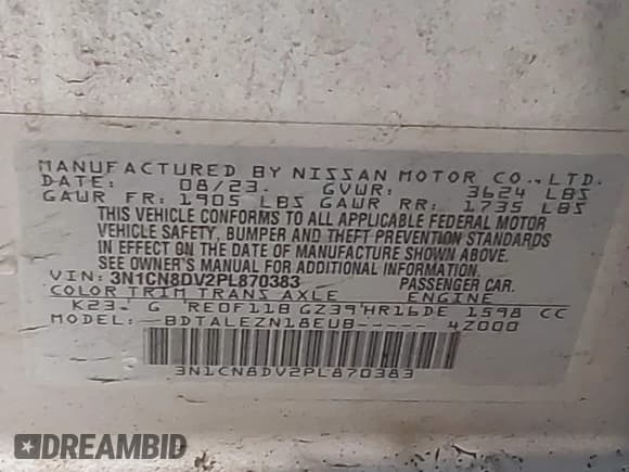 ✅ 2023 Nissan Versa S • VIN: 3N1CN8DV2PL870383 • Лот: 41483365. Опубликован ранее на IAAI с пробегом 49 129 миль. Бесплатный доступ к архиву аукционных продаж из США и подробный отчёт об истории автомобиля на DreamBid. Изображение 9.