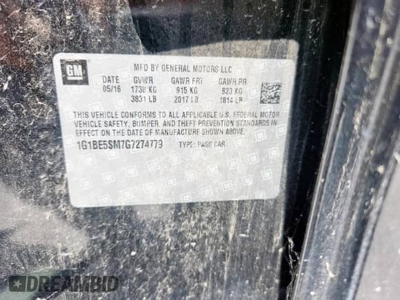 2016 Chevrolet Cruze LT with VIN 1G1BE5SM7G7274779, listed as a Copart auction lot 68620145 with 172,784 mi miles and Clean title. Bid and sale history available at DreamBid. Image 12.