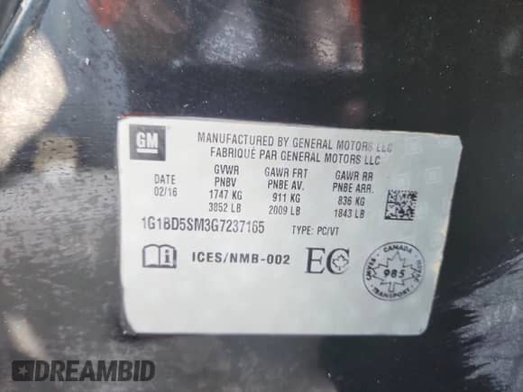 2016 Chevrolet Cruze LT с VIN 1G1BD5SM3G7237165, выставлен на аукционе Copart как лот 70193485 с пробегом 162 733 миль миль и На запчасти • Non repairable. История ставок и продаж доступна на DreamBid. Изображение 12.