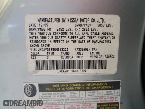 ✅ 2006 Infiniti M Sport • VIN: JNKAY01E56M113224 • Лот: 67077335. Опубликован ранее на Copart с пробегом 148 602 миль. Бесплатный доступ к архиву аукционных продаж из США и подробный отчёт об истории автомобиля на DreamBid. Изображение 12.