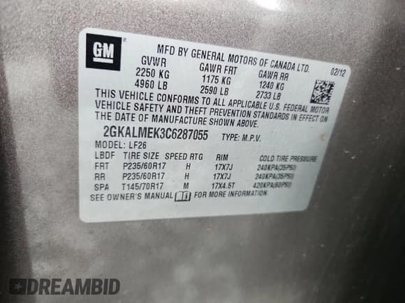 ✅ 2012 GMC Terrain SLE-1 • VIN: 2GKALMEK3C6287055 • Lot: 68832085. Listed on Copart with 161,012 mi. Free auction sales archive from the USA and detailed vehicle history report at DreamBid. Image 14.