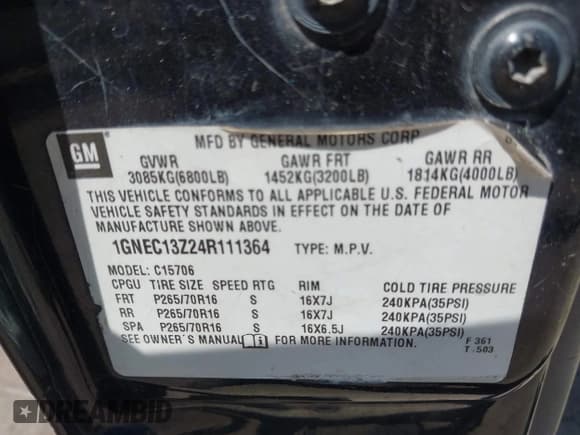 ✅ 2004 Chevrolet Tahoe LS • VIN: 1GNEC13Z24R111364 • Lot: 42842938. Listed on IAAI with 337,985 mi. Free auction sales archive from the USA and detailed vehicle history report at DreamBid. Image 9.