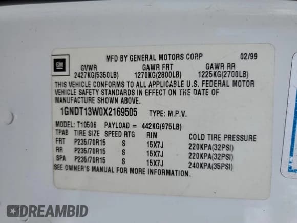 ✅ 1999 Chevrolet Blazer Trailblazer • VIN: 1GNDT13W0X2169505 • Lot: 54000505. Wystawiony na Copart z przebiegiem 181 903 mil. Bezpłatny archiwum sprzedaży aukcyjnych z USA i szczegółowy raport historii pojazdu na DreamBid. Zdjęcie 13.